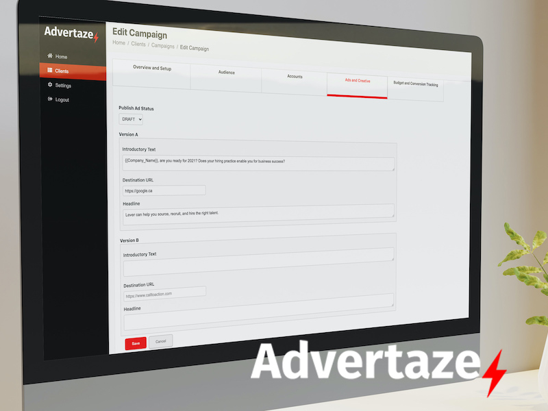 Advertaze dashboard app screen on desktop